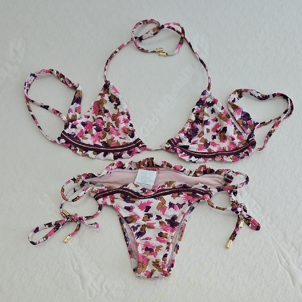 Salinas Pink, White, Purple & Tan Bikini Set with Adjustable Ties And Gold Trim